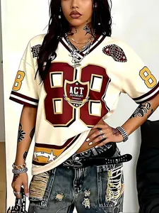 Women's Plus Size V-Neck Drop Shoulder Letter Print Loose Casual Sports Short Sleeve T-Shirt, Spring Summer Fall Streetwear Top, Athletic Shirt