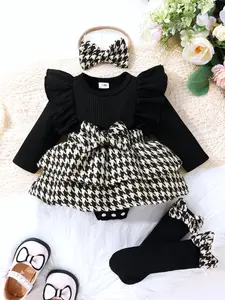 3-piece Sweet And Lovely Front Bow Bow Patchwork Thousand Bird Pattern Pleated Dress Jumpsuit With Socks And Headband, Soft, Comfortable, Casual, Romantic