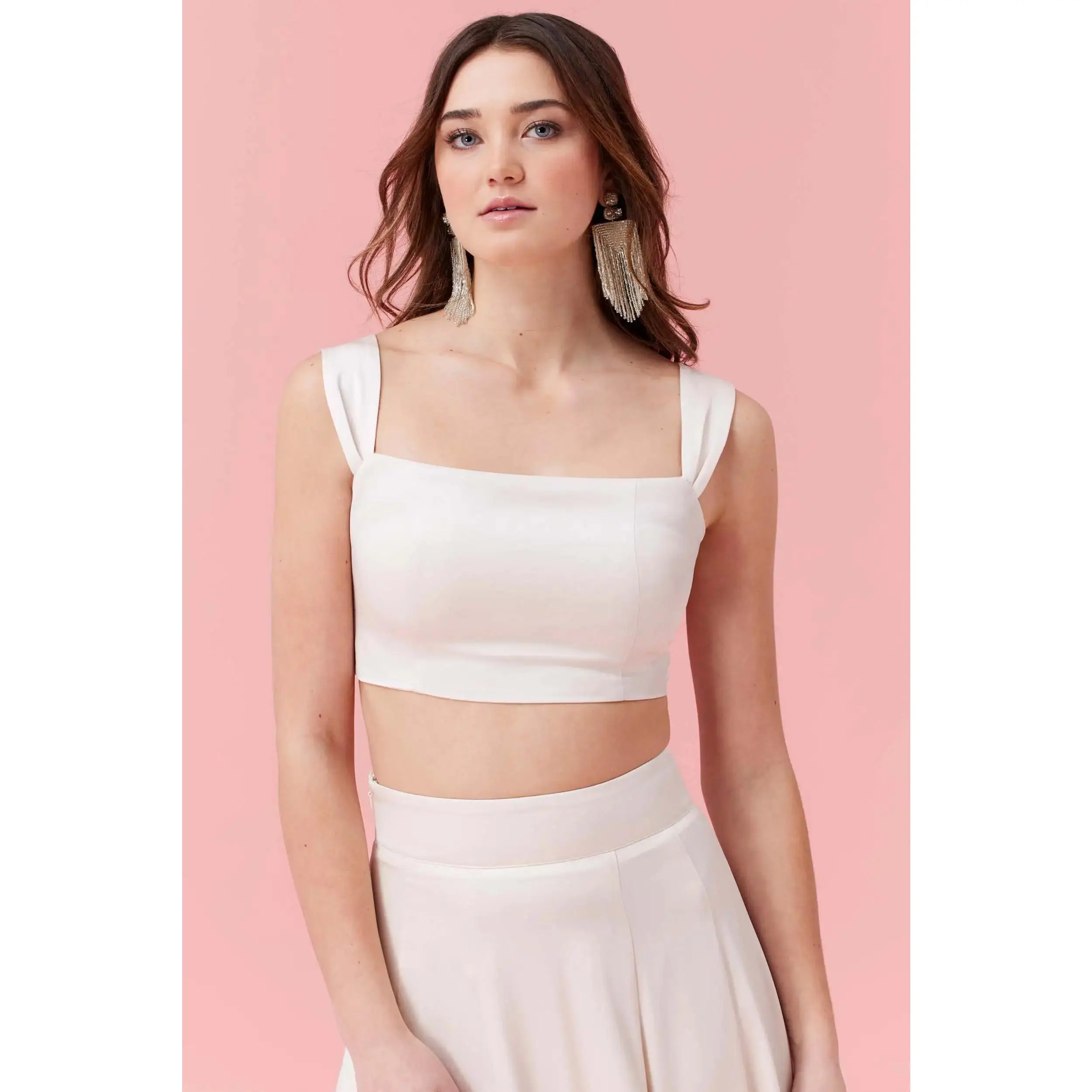 Meri Top | Crop top in ivory white satin with long skirt set, Bridal outfit