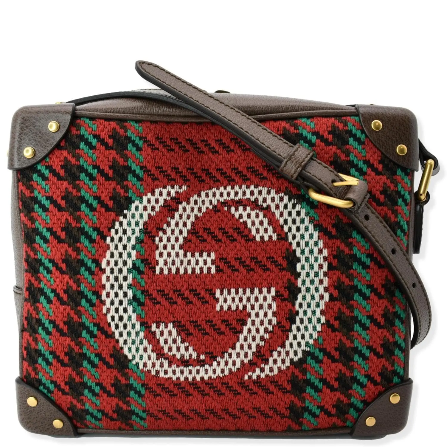 Pre-owned GUCCI Houndstooth and stripe wool Shoulder Bags Houndstooth Stripe Interlocking G Trunk Shoulder Bag Red