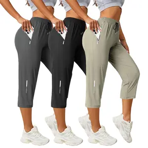 3-Pack Women’s Summer Ice Silk Jogger Pants with Reflective Stripes, 7/8 Length, High Stretch Loose Fit, Side Zipper Pockets, Quick Dry & Breathable — Ideal for Night Running & Fitness