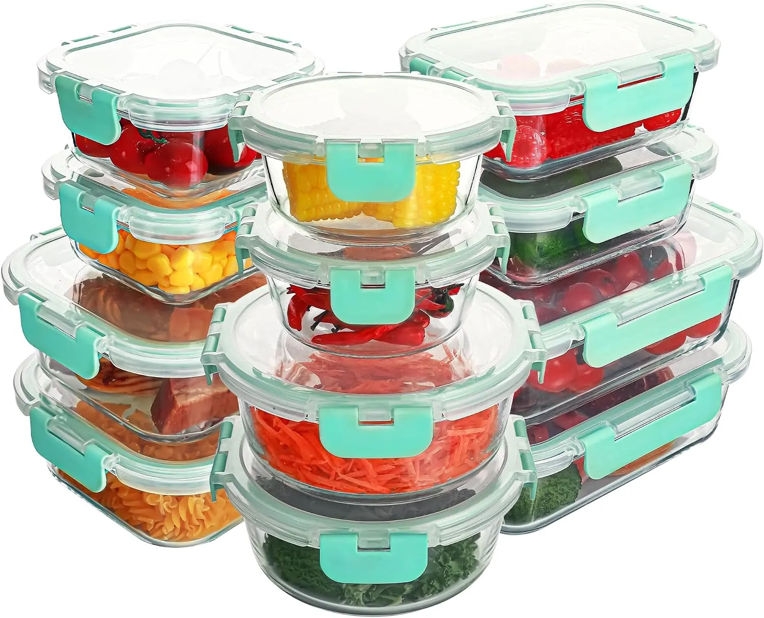 BPA-Free Airtight Glass Food Storage Containers 12-Pack with Black & Gray Utensil Set, Microwave Safe, Mint(Color)