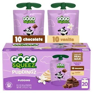 GoGo squeeZ PuddingZ Variety Pack, On-the-Go Chocolate and Vanilla Pudding Snack, 3 oz. Pouches (Pack of 20), BPA Free Pouches