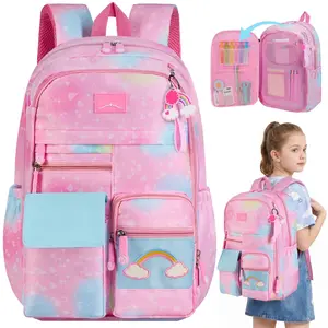 School Backpack Pink Starry Rainbow Bookbag Cute Large Capacity Backpack Multifunction Fashion Casual Laptop Travel Daypacks Kawaii Bag For Teens Students, 17 inch
