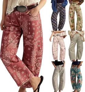 Women Boyfriend Baggy Barrel Jeans Floral Print Denim Ankle Pants Wide Leg Mid Rise Jeans Sweatpants Y2k Patchwork, popular leopard print jeans, high street style national trend jeans