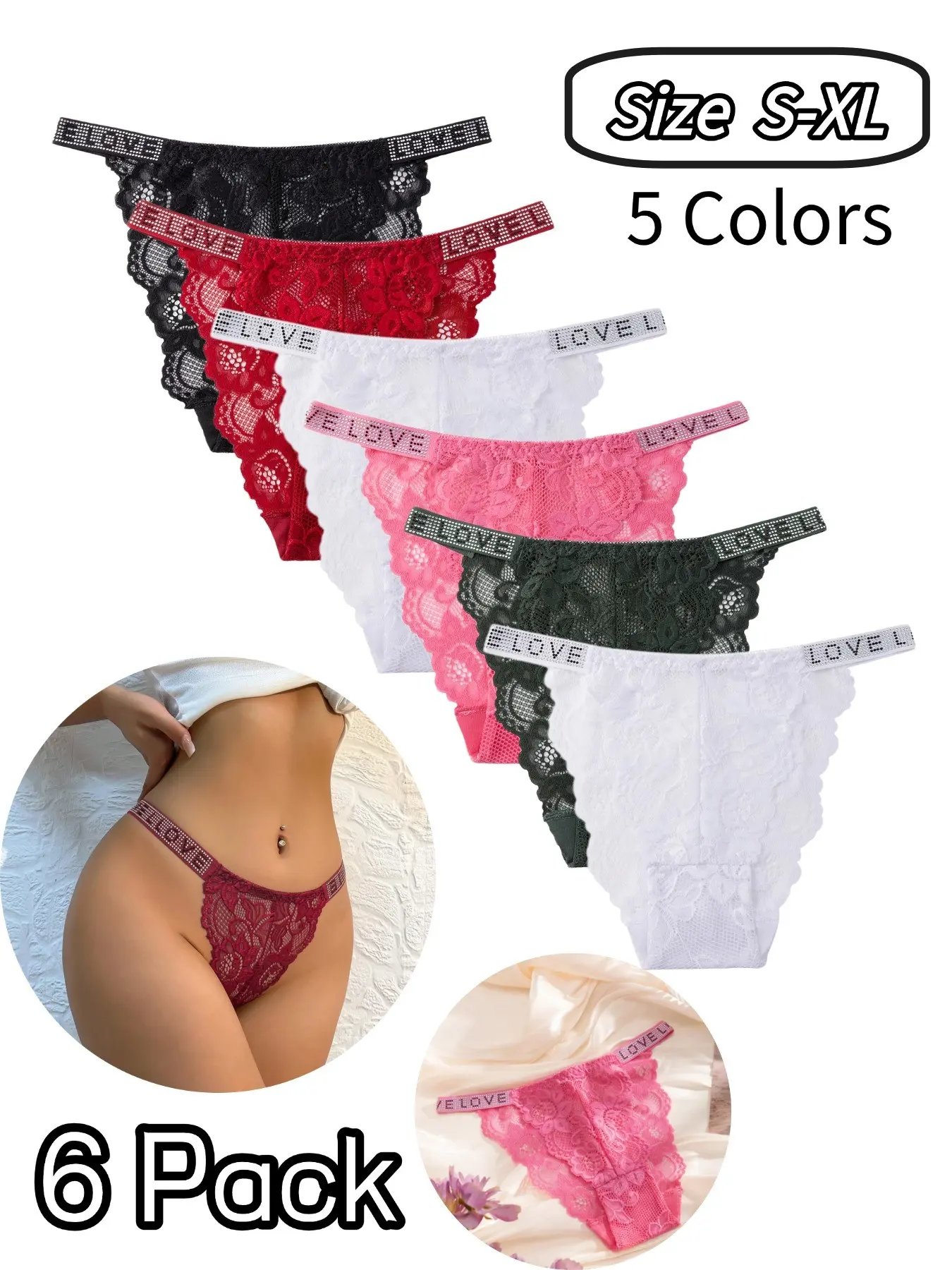 Lace Trim Sexy Briefs, Rhinestone Letter Waistband Design, Soft Breathable Daily Wear Underwear, 6-Pack, All-Season Fashion