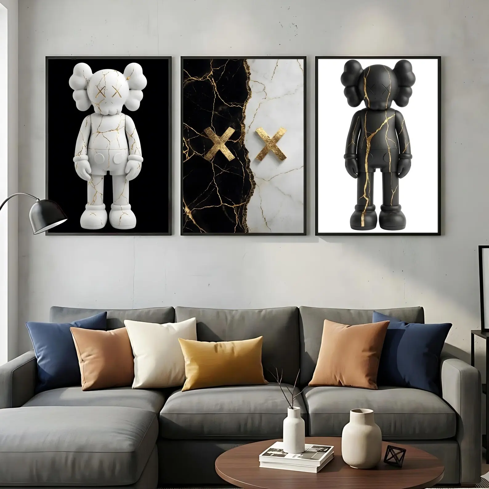 3-Piece Black Gold KAWS Graffiti Poster Set, Hypebeast Sneaker Wall Art, Minimalist Figure Canvas Print, Sneakerhead Bedroom Decor