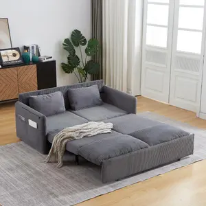 3 in 1 Convertible Pull Out Sleeper Sofa Couch Bed Queen Size, Corduroy Pullout Lounge Loveseat RV Sofa & Couches Sofabed with Soft Pillows, Armrest, Side Pockets for Living Room Apartment, Grey
