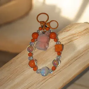 Beaded Keychain with Fuzzy Charm and Glass Beads for Stylish Accessory