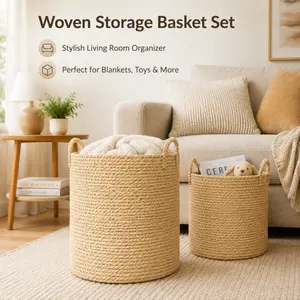 2-Piece,Storage Basket, Round Nesting Baskets W/Handles, Handwoven Water Hyacinth, Plant Holder, Laundry Basket, Storage Organizer, Tote Bins for Bedroom, Living Room, & Laundry Room - Natural and Dark Natural