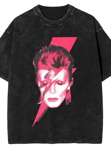 1 men's washed and worn short sleeved T-shirt featuring David Bowie's iconic lightning makeup look from the "Ziggy Stardust" era, inspired by the cover design of his 1972 album "The Rise and Fall of Ziggy Stardust and the Spiders from Mars"