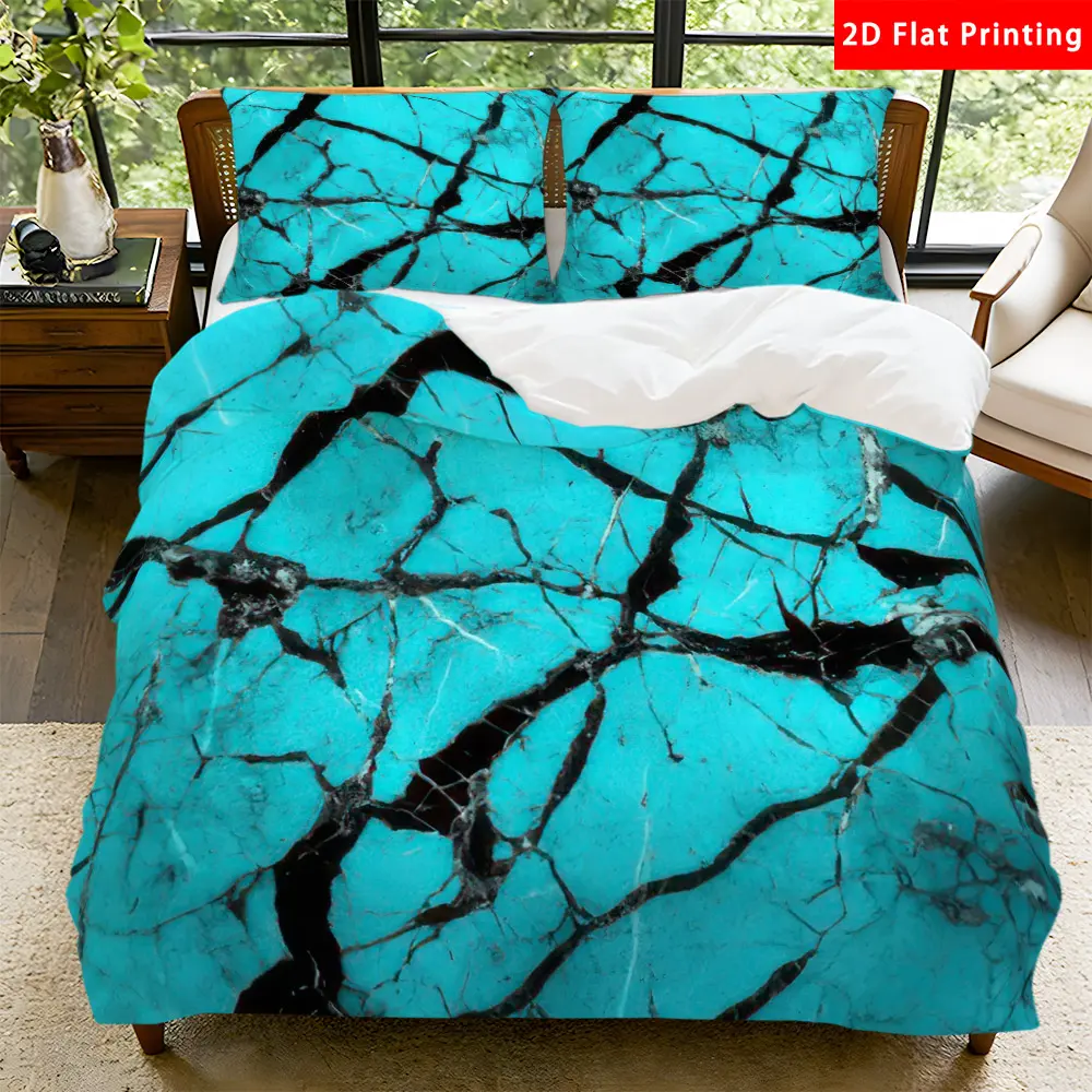 2/3 Pcs 2D Flat Turquoise Marble Pattern Duvet Cover Set Turquoise Marble Bedding Set Quilt Cover 1 Duvet Cover + 1/2 Pillowcases Turquoise Marble Top Sheet Decorative Bedding Bedroom Decor