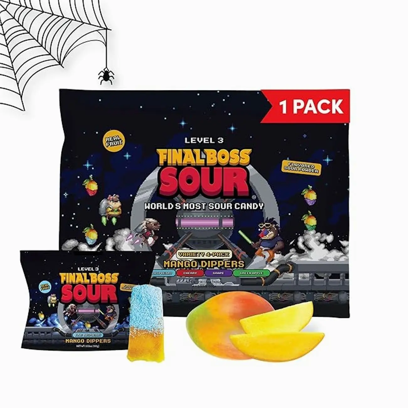 Final Boss Sour Fun Dip, Blue Raspberry, 1 Pack, Level 3, Extreme Super Sour Powder with Real Candy Tasting Dried Mangoes, All Natural 80s & 90s Party Candy, Snack for Kids, Teens, Adults & On the Go