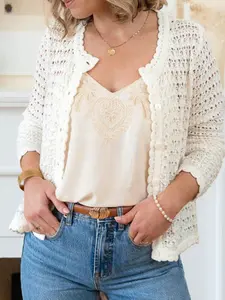 Women's Knitted Fitted Cardigan with Ribbed Hollow Out Long Sleeve, Buttoned Pleated Lace Hem, Casual Elegant Daily Wear for Spring Summer Knitwear Womenswear Light Knit