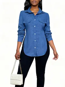 A ladies' blue button-down Blouse shirt with a pocket decoration and long sleeves, suitable for all kinds of office wear