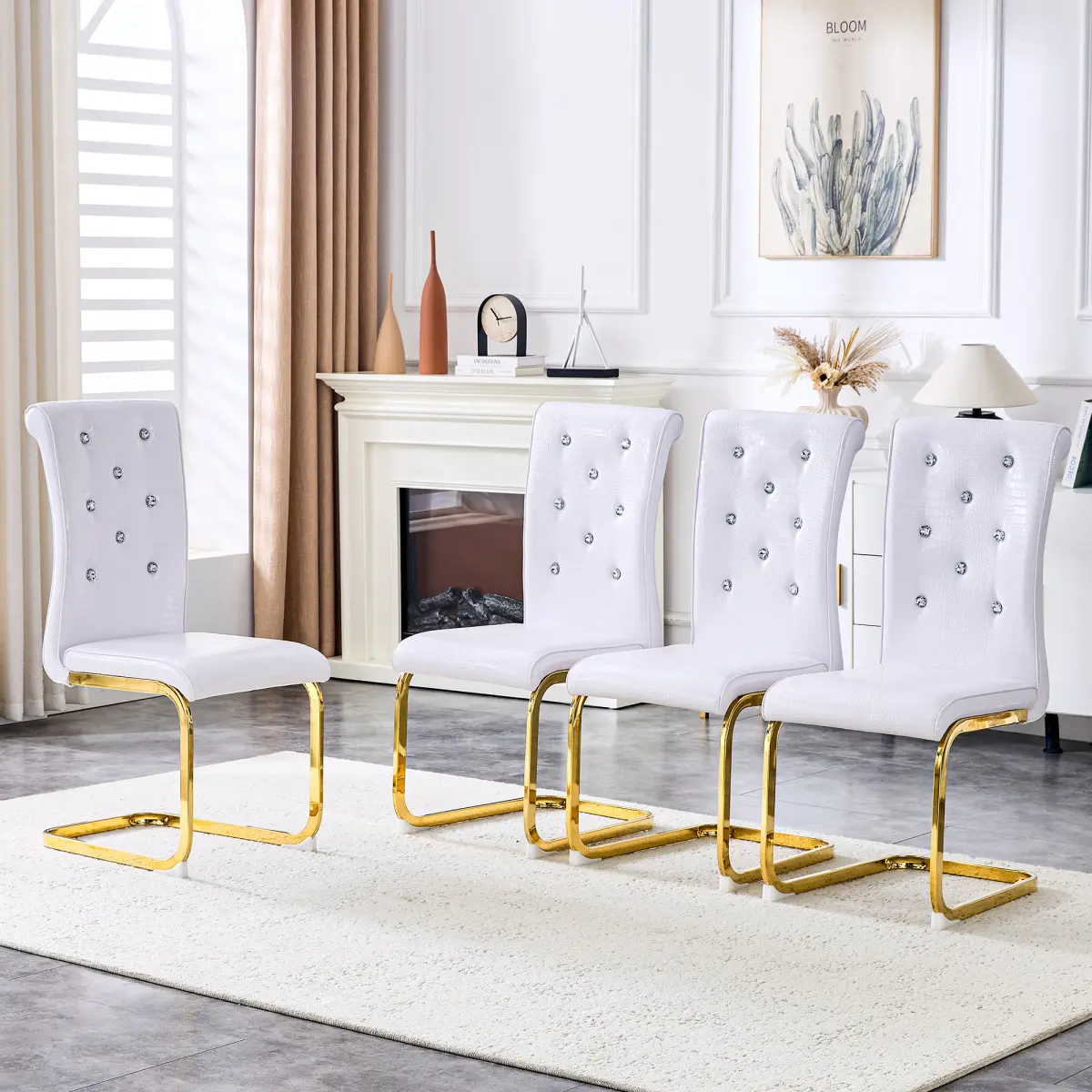 4-Piece Comfy Dining Chair Sets - Upholstered Indoor Furniture with Crystal Button Design, Metal Bow Legs, Soft PU Leather, Decorative Chair for Kitchen, Bedroom (White-Gold)