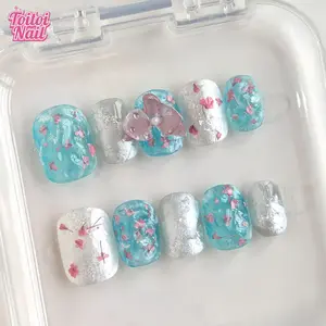 Azure Flutter Handmade Press-On Nails | Short Square Shape, 10pcs | Spring Summer Blue Dried Flower & Butterfly Design | Glossy Finish with Glitter & Pearl Accents | High Transparency Acrylic for Natural Look | Reusable DIY Nail Kit for Women