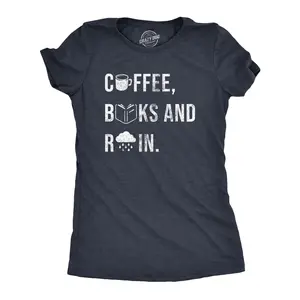 Womens Coffee Books and Rain T Shirt Funny Caffeine Reading Lovers Tee for Ladies Funny Womens T Shirts Cute Vintage Fashion Casual Ladies T-Shirt Gift Nerd Tops for Women Funny Coffee Top Women's Novelty Tees Navy -