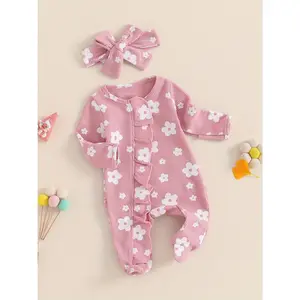 Baby Girls Outfit, Long Sleeve Crew Neck Frills Zipped Floral Footies Jumpsuit and Headband Fall Clothes, for Outdoor
