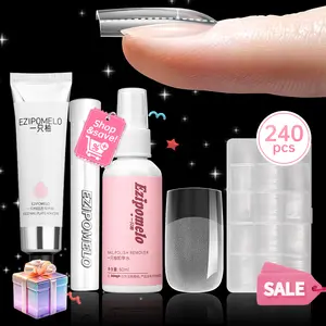 Ezipomelo Pre-Building Instant Apex Nail Tips Kit – Square  Almond Coffin, 240PCS in 15 Sizes | Pre-Etched, Thick Full Cover Acrylic Tips with Solid Nail Glue, Nail Glue Remover, Mini UV Lamp,Tool Kit, Manicure Art DIY Gift for Women