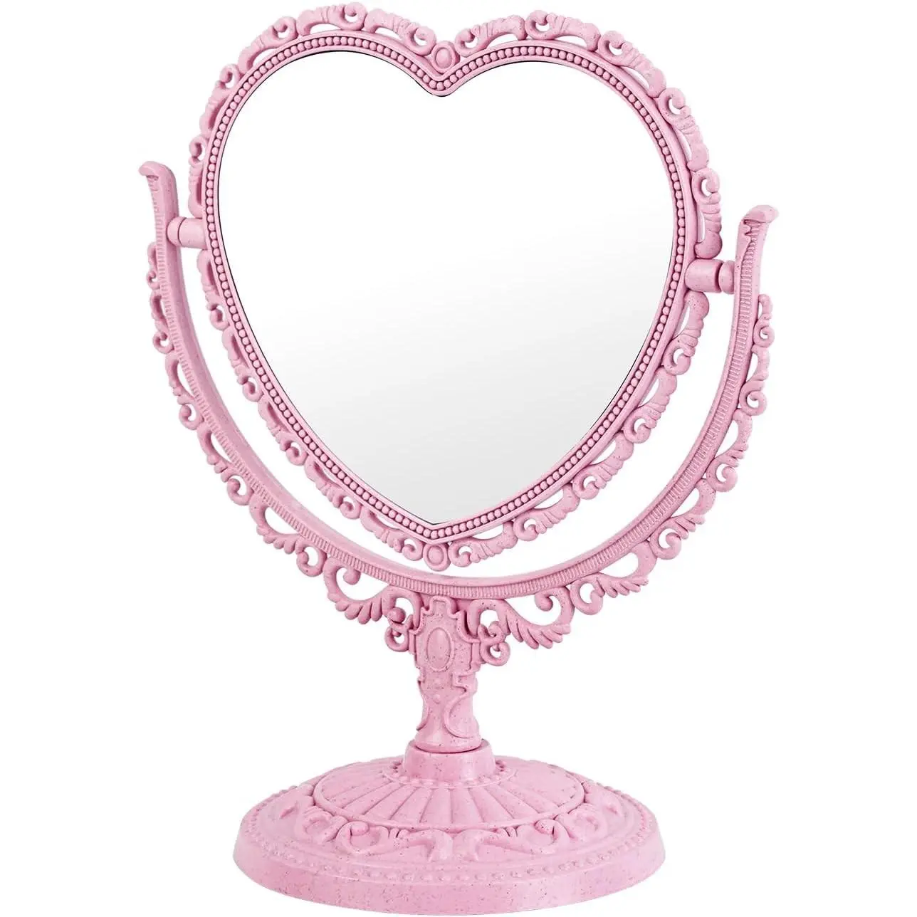 Heart Shaped Cute Vanity Princess Mirror for Desk,Double-Sided Rotatable Table with Stand Downtown Girl Room Coquette Decor (Pink)