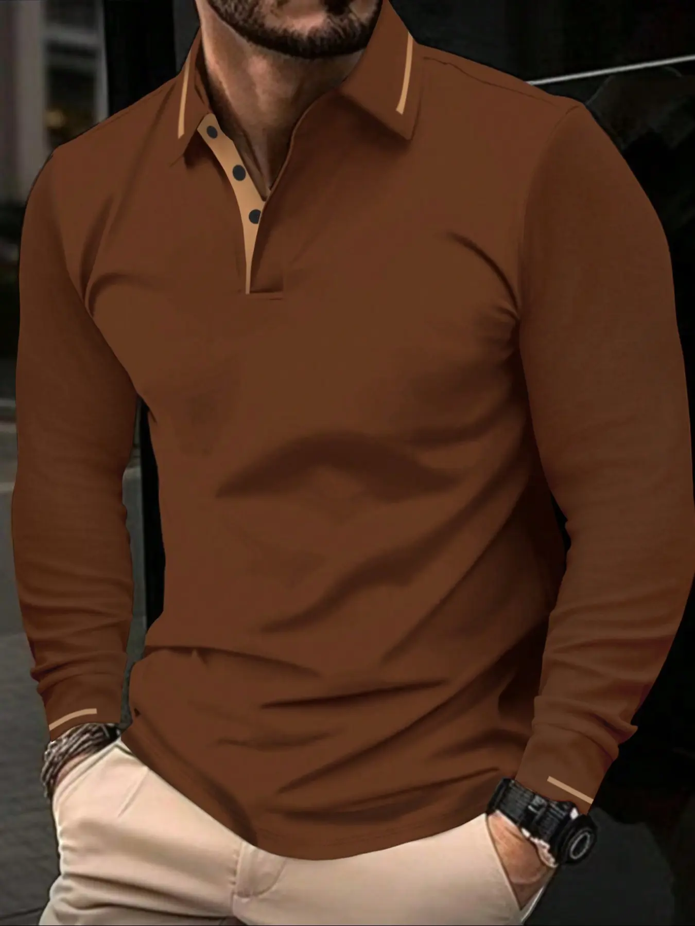 Men's Long Sleeve Polo Shirt, Casual Fashion Button Collar Design, Perfect for Spring & Fall Seasons, Daily Wear Men's Clothing