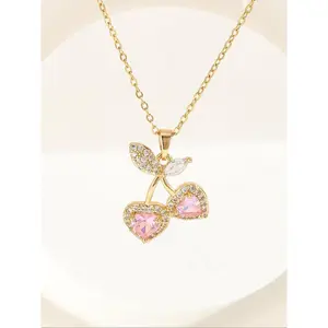 Cherry Design Pendant Necklace for Women, Elegant Rhinestone Decor Charm Necklace for Party, Daily Decor, Trendy All-match & Exquisite Jewelry for Birthday Gift