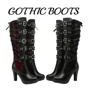 Women's Goth Combat Boots Gothic Boots Black Knee High Boots Round Toe Punk Chunky Platform with Buckle Lace Up for Fall Fashion