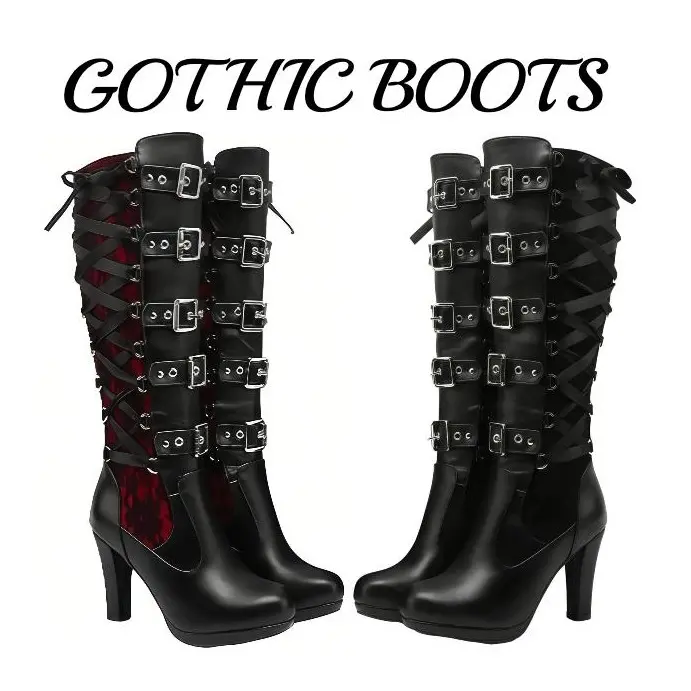 Women's Goth Combat Boots Gothic Boots Black Knee High Boots Round Toe Punk Chunky Platform with Buckle Lace Up for Fall Fashion