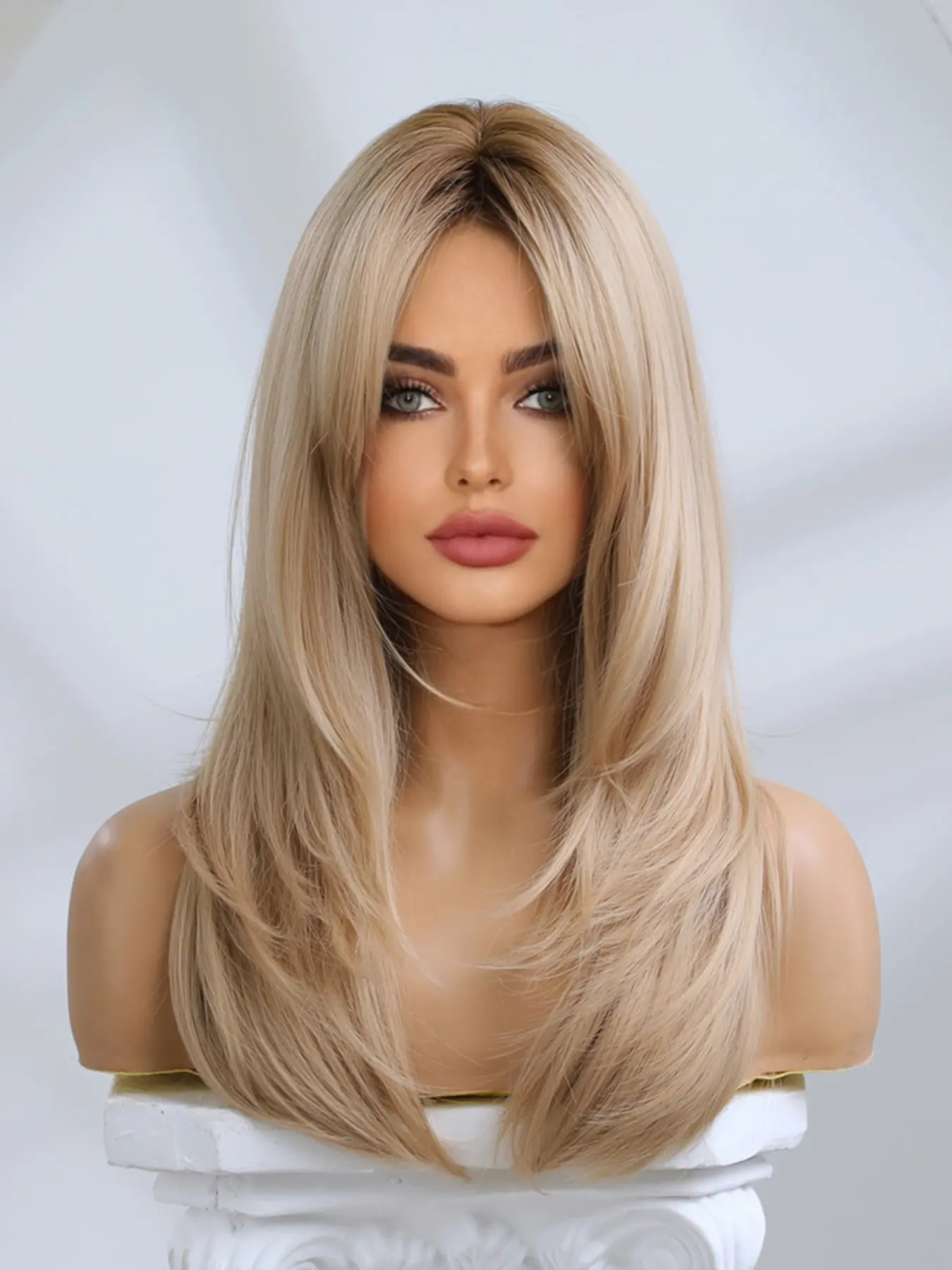 Women's Long Wavy Hairpiece with Bangs, Layered Design, Full Head Rose Net Wig, Fashionable Natural Looking Synthetic Hair, Synthetic Machine Wigs, Curly Wavy Wig