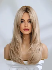 Women's Long Wavy Hairpiece with Bangs, Layered Design, Full Head Rose Net Wig, Fashionable Natural Looking Synthetic Hair, Synthetic Machine Wigs