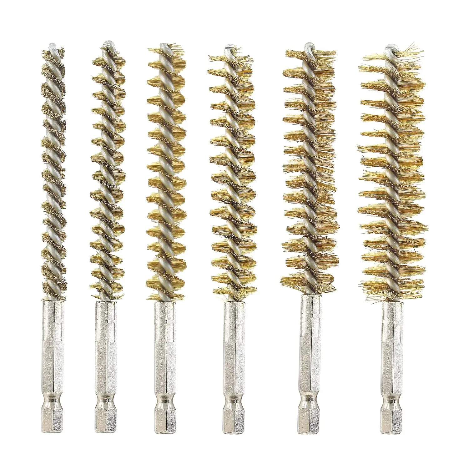 6 count Brass Bore Brushes in Different Sizes, Brass Bristles Wire Cleaning Brush for Power Drill  Driver, with 1/4 Inch Hex Shank, 4 Inch in Length (8/10/12/15/17/19mm)