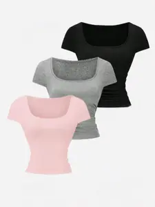 Women's Solid Color Scoop Neck Crop Tee, Casual Short Sleeve T-shirt, Ladies Summer Clothes for Daily Wear, Basic, Womenswear