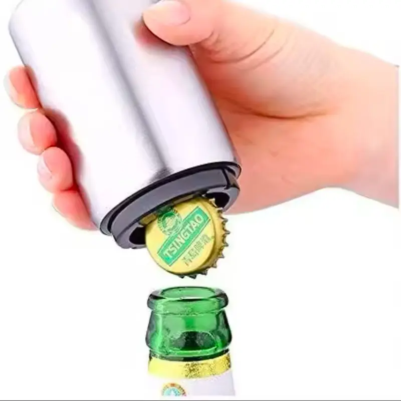 Premium Beer Bottle Opener - Silver Magnetic Automatic Stainless Steel Push Down Opener, No Cap Can Escape, Quick Open for Home, Bar & Restaurant Kitchen