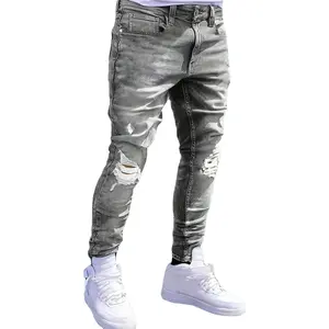 Men's Vintage Ripped Gray Jeans, Washed Stretch Denim with Ripped Holes, Comfortable Casual Streetwear Pants, Denim Look Jeans, Ripped Holes Jeans