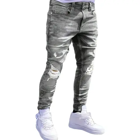 Men's Vintage Distressed Gray Washed Stretch Denim Look Jeans - Slim Fit, Ripped Holes, Plain Design, Buttons, Comfortable Menswear Male Clothing Emo Streetwear Bottoms for Sneaker Pairing (All Seasons)