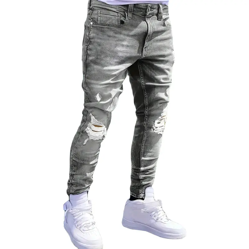 Men's Vintage Distressed Gray Washed Stretch Denim Look Jeans - Slim Fit, Ripped Holes, Plain Design, Buttons, Comfortable Menswear Male Clothing Emo Streetwear Bottoms for Sneaker Pairing (All Seasons)