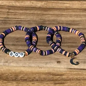 Halloween Beaded Bracelet Stack - Orange Purple Black Beads with BOO & Moon Star Charms Adjustable Halloween Jewelry for Spooky Vibes