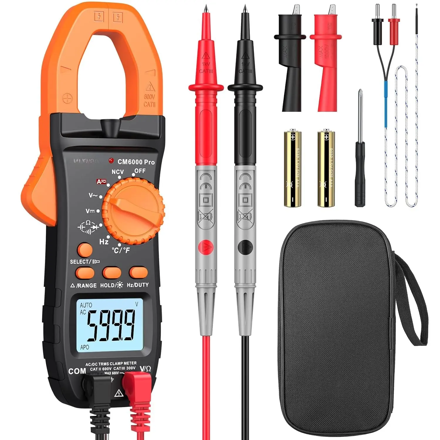 Digital Clamp Meter 6000 Count - 800A DC AC Current Ammeters   Multimter, TRMS NCV Continuity Capacitance Resistance Frequency Diode Hz Tester, with Test Leads,  Clips
