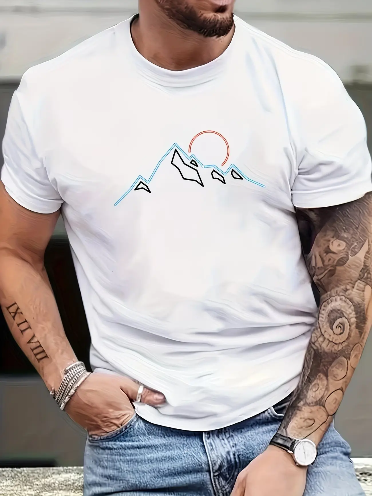 Crew Neck Graphic T-Shirt, Minimal Geometric Mountain Sunset Chest Tee, Simple Two Color Line Outdoor Nature Short Sleeve, Soft Cotton Loose Fit Top, Unisex Hiking Camping Casual Streetwear Outfit for Men