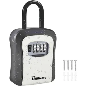 Waterproof 4-digit combination key lock box with removable shackle, wall-mounted resettable key hider, upgraded large password box for car, house, office, apartment keys, gray