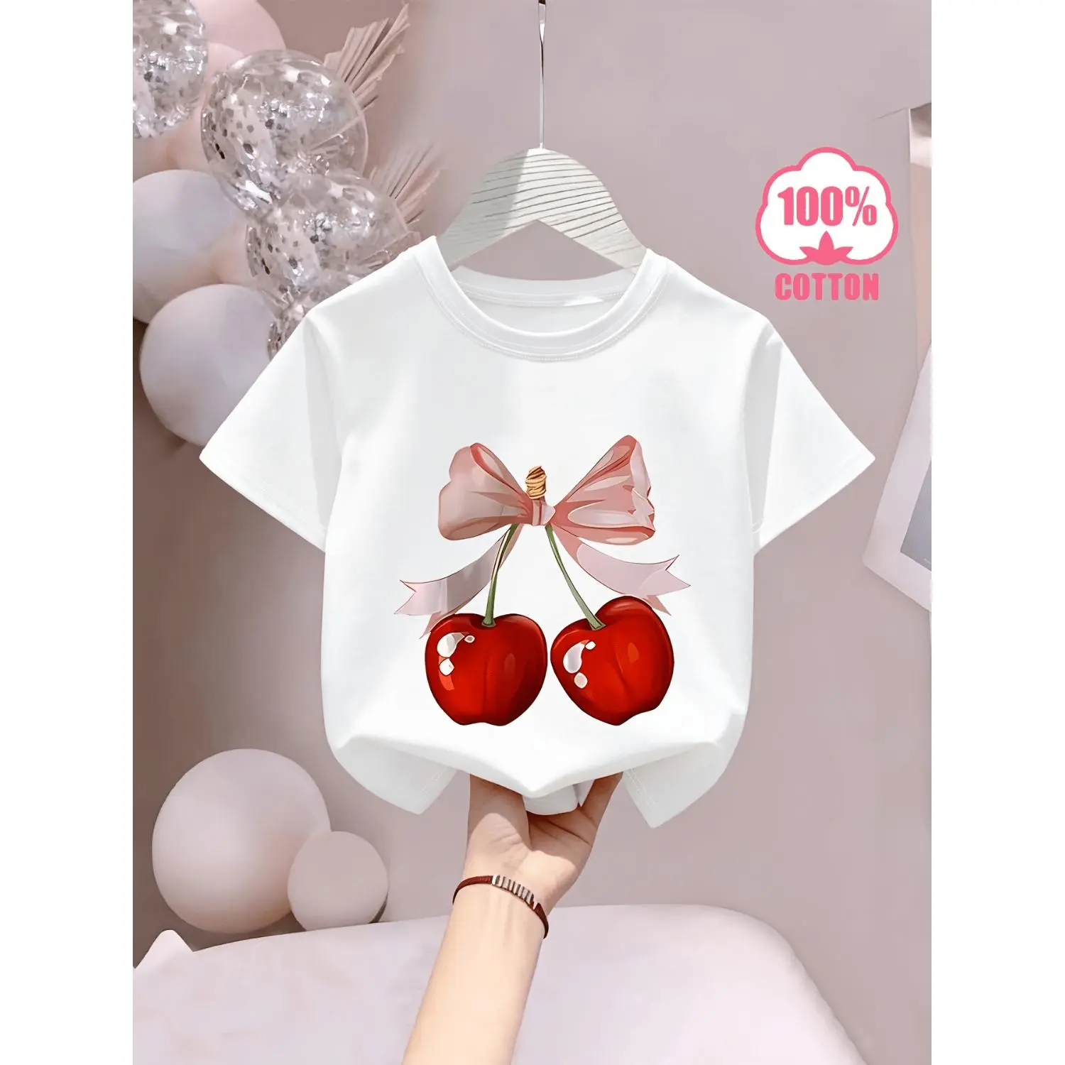 Girls' Graphic T-Shirt with Cherry Bow Print, 100% Cotton Short Sleeve Loose Fit Top, Casual Crew Neck for Summer Holidays, Shirts For Girls, Casual Outfit, Short Sleeves, Cartoon Style, Girls Clothes, Premium Cotton