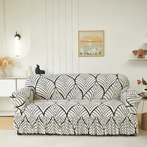 Abstract Line Leaf Elastic Sofa Cover with Skirt, Sofa Protector, Pet-Proof, Single to Four-Seater, Elastic Sofa Slipcover