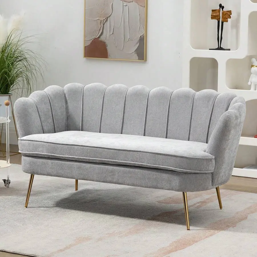 59" Wide Boucle/Chenille Upholstered 2-Seat Petal-Shaped Loveseat Sofa - Sturdy Gold Metal Legs, Floral Design, Soft Couch for Sunroom/Home Office, Easy Setup Furniture