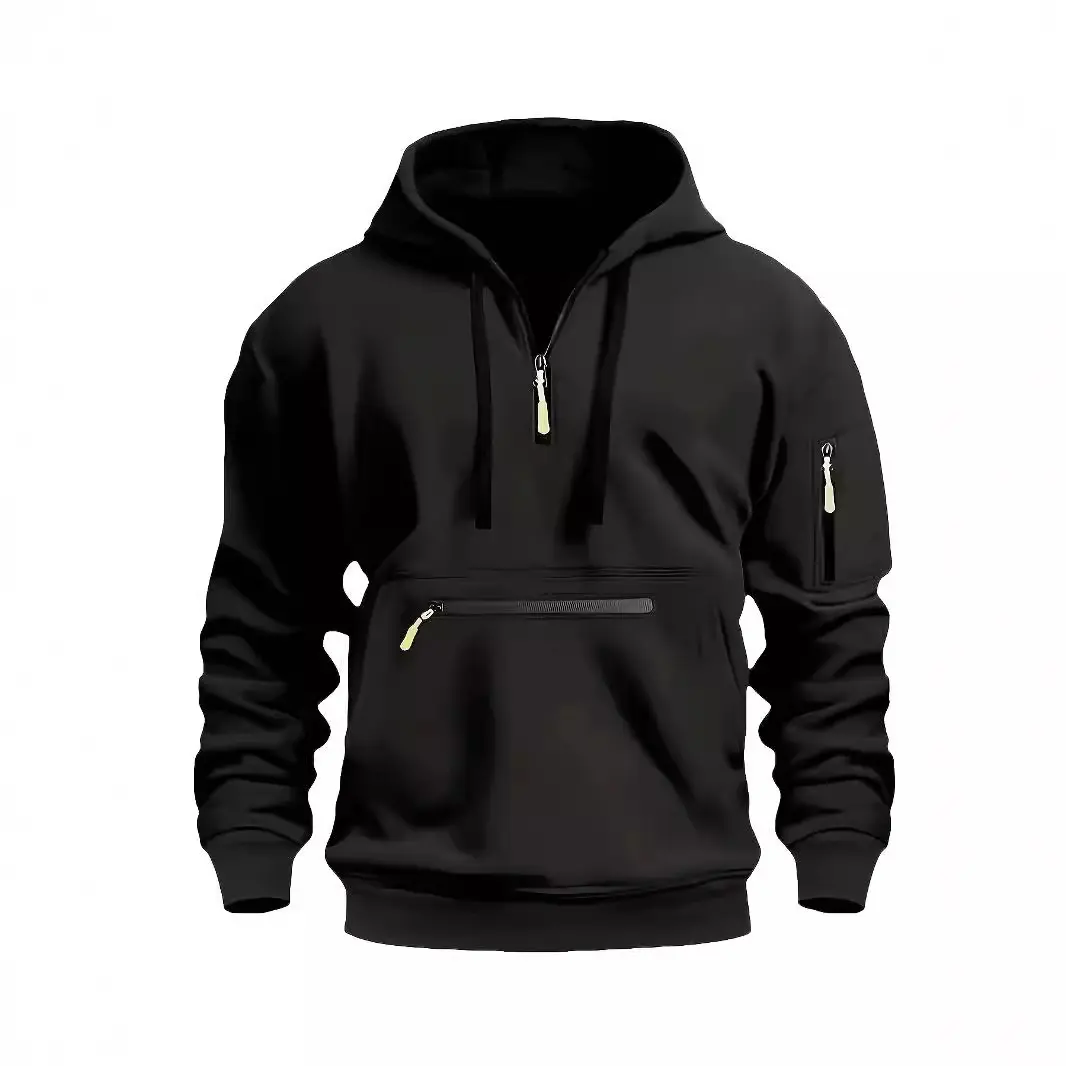 Men's Pullover Hoodie, Solid Polyester Half-Zip Sweatshirt with Zipper Pocket for Casual Fall Streetwear, Sweatshirts