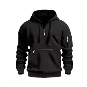 Men's Solid Color Half-Zip Pullover Hoodie with Zipper Pocket Casual Long Sleeve Hooded Sweatshirt for Fall and Winter Daily Wear Polyester Fabric