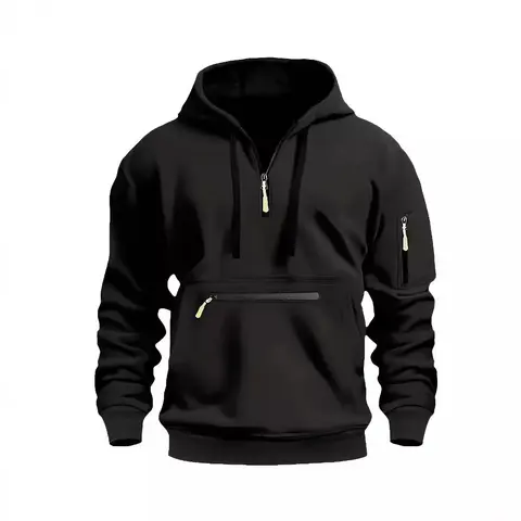 Men's Stylish Half-Zip Pullover Hoodie - Solid Polyester Fabric Sweatshirt with Zipper Pockets, Long-Sleeve Casual Streetwear for Fall