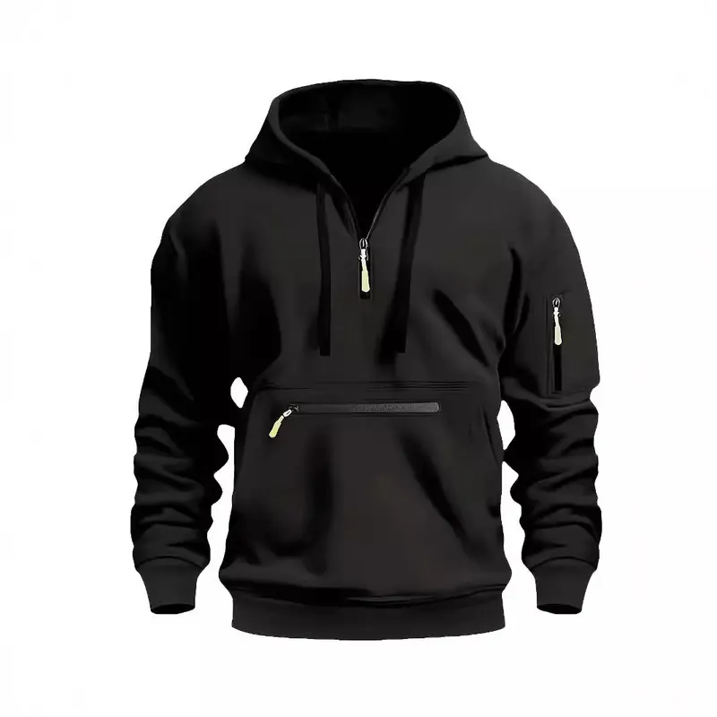 Men's Stylish Half-Zip Pullover Hoodie - Solid Polyester Fabric Sweatshirt with Zipper Pockets, Long-Sleeve Casual Streetwear for Fall