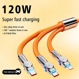 3 Pack 3-in-1 Multi Charging Cable 120W With 180° Adjustable Zinc Alloy Connector, Orange Silicone Type C Charger Fast Charging Design, Compatible With USB C Charger Cable