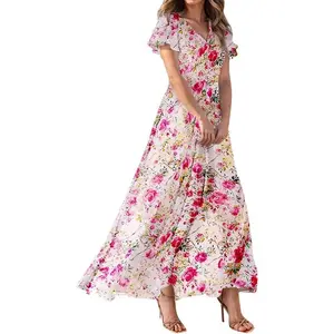 Women's floral print chiffon dress-blue, size S, midi length, spring/summer